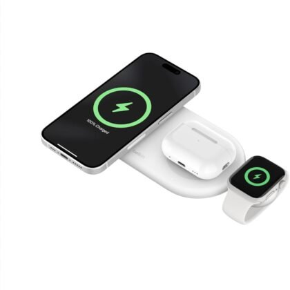 Belkin 3-in-1 MagSafe-Compatible Wireless Charging Pad with Qi2 15W - iPhone Charger - Fast Charging Wireless Charging Station for iPhone 17, 16, & 15 Series, AirPods, Apple Watch, & More - White