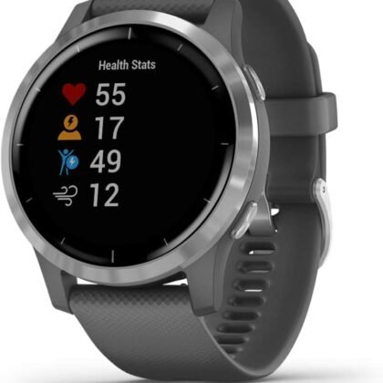 Garmin 010-02174-01 vivoactive 4, GPS Smartwatch, Features Music, Body Energy Monitoring, Animated Workouts, Pulse Ox Sensors and More, Silver with Gray Band