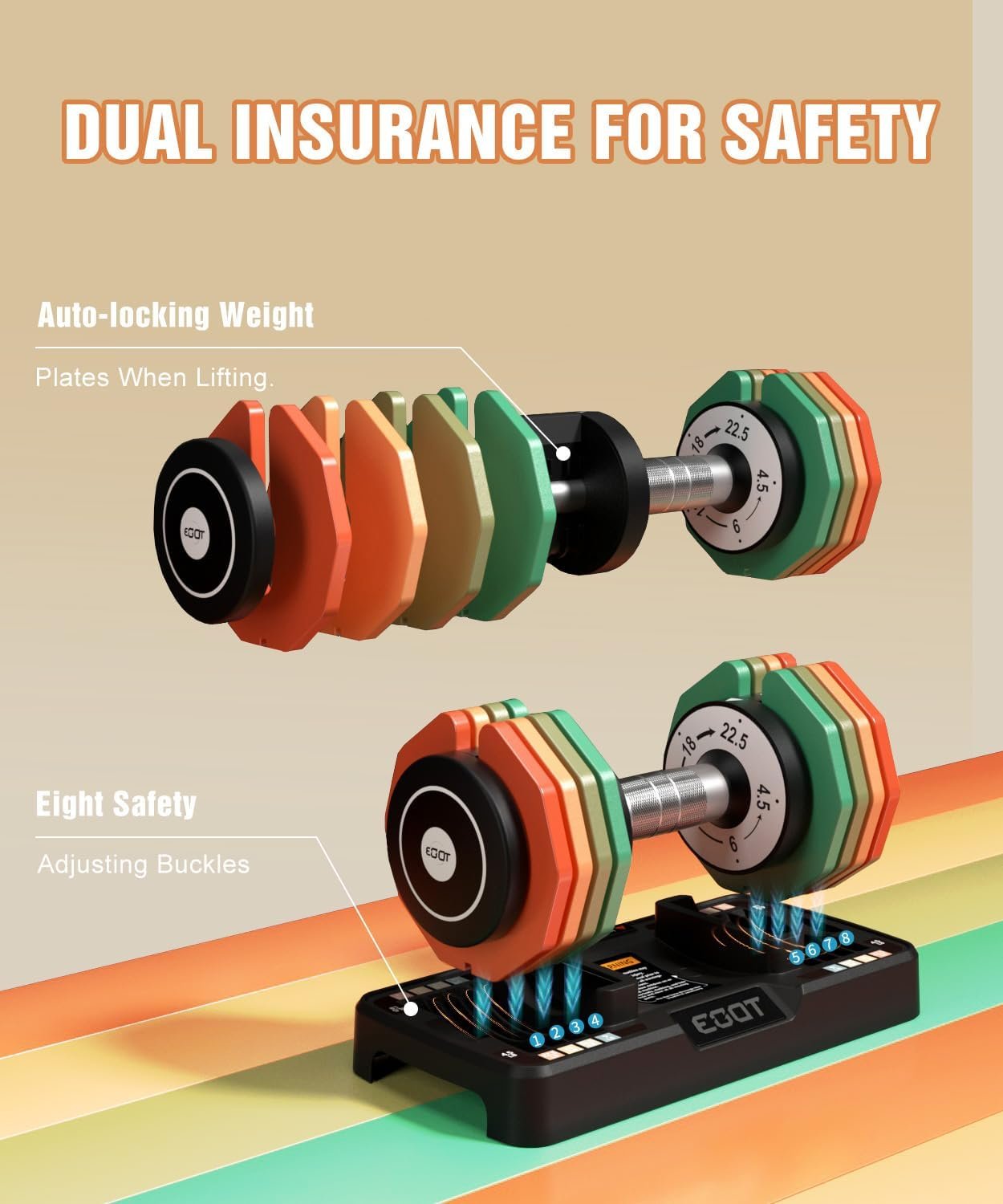 Adjustable Dumbbells Set/Single, 12.5LB/22.5LB/55LB 5 in 1 Free Adjustable Dumbbell Set with Anti-Slip Handle & Rainbow-colored Weight Plates for Home Gym, Weight Set for Women Men - Image 4