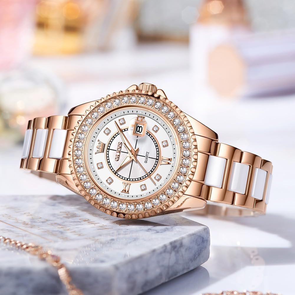 OLEVS Watches for Women Diamond with Date Luxury Leather Female Waterproof Women Wrist Watch Analog Dress Stainless Steel Ladies Watch Luminous Calendar Women Watch Green/Silver/Red Dial - Image 2