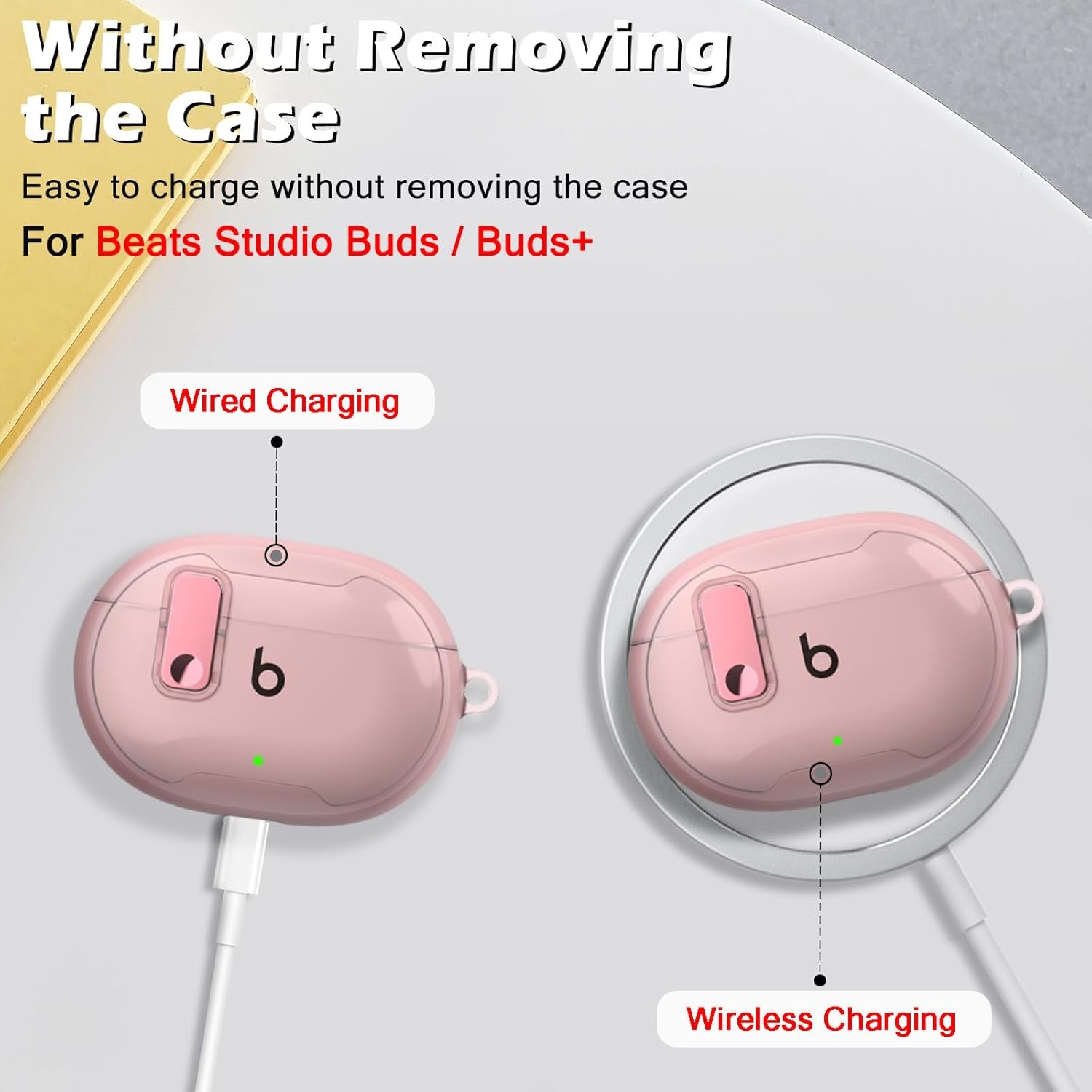 CameCosy for Beats Studio Buds/Buds + Case with Secure Lock Clip Design for Women, Soft TPU Bumper Shockproof Cover for Beat Studio Buds with Pearl Bracelet Keychain-Clear Pink - Image 2