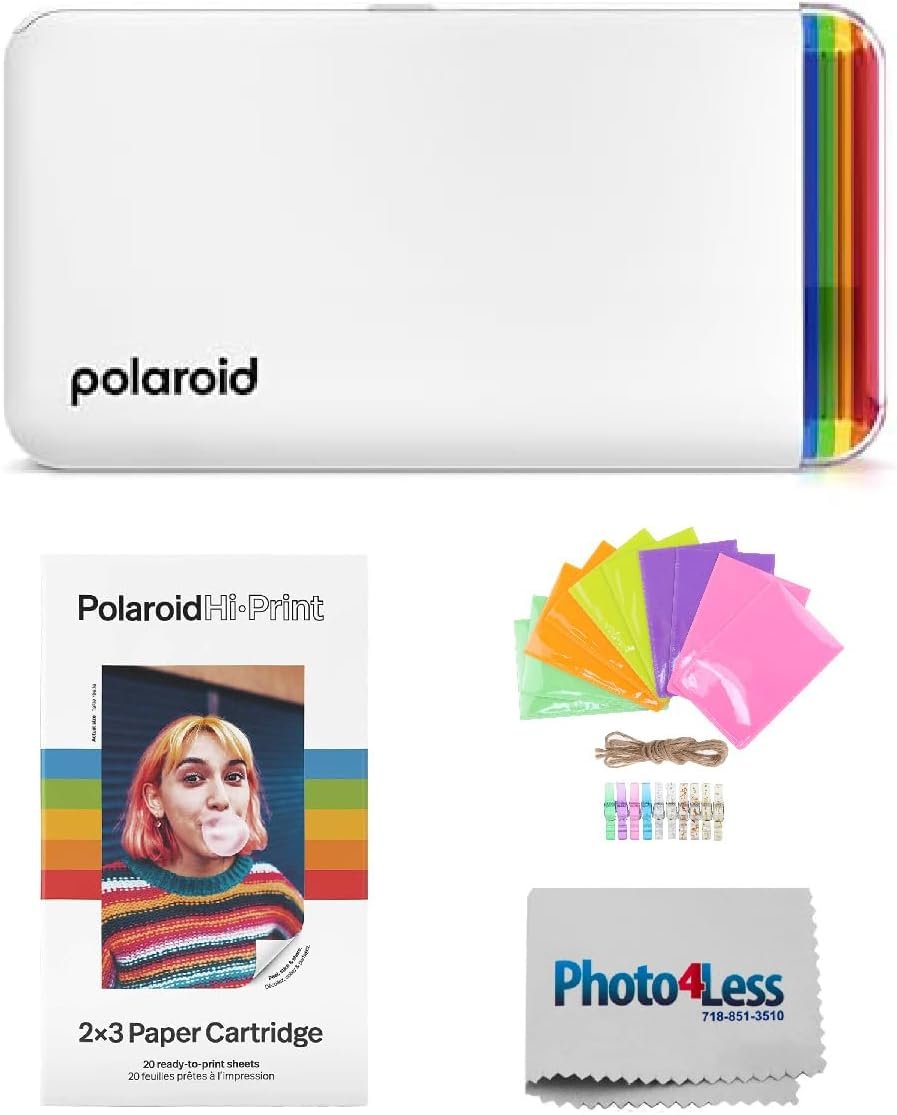 Polaroid Hi-Print - 2nd Generation Bluetooth Connected 2x3 Pocket Photo Dye-Sub Printer - White (9128) Bundle with Hi-Print 2x3 Paper - 20 Photos (6355), Hanging Photo Frames, and More