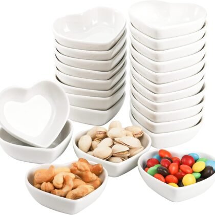 WUWEOT 24 Pack Porcelain Sauce Dish, White Heart-shaped Dip Bowls, 1.5Oz Ceramic Ring Dishes Candle Tray, Seasoning Dishes Appetizer Plates