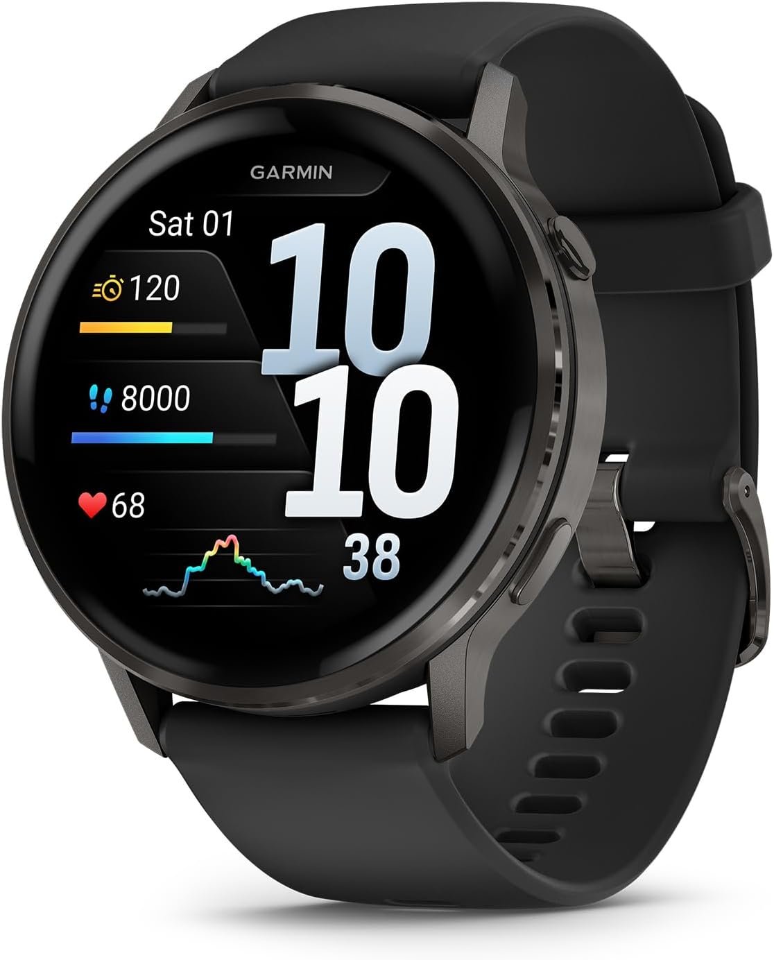 Garmin Venu® 4, 45mm, Advanced Health and Fitness GPS Smartwatch, Bright and Colorful Display, Built-in Flashlight, 12 Days of Battery Life, Slate with Black Silicone Band