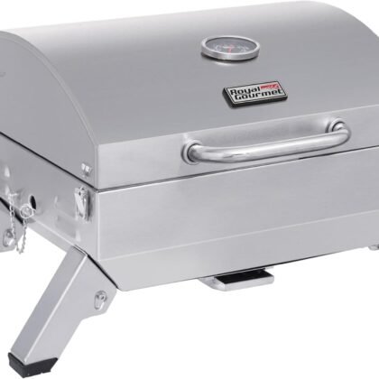Royal Gourmet GT1001 Stainless Steel Portable Grill, 10000 BTU BBQ Tabletop Gas Grill with Folding Legs and Lockable Lid, Outdoor Camping, Deck and Tailgating, Silver