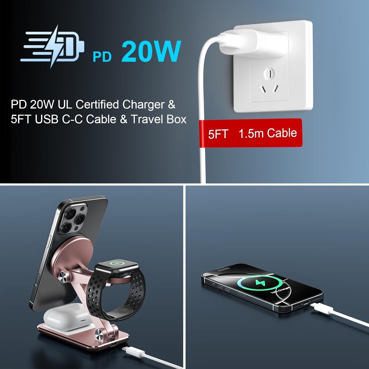 Wireless Charger 3 in 1,Foldable Wireless Charging Station for Apple MagSafe Charger,Aluminum Portable Magnetic Travel Charger Stand for iPhone,Watch,Aipods (with 20W Adapter & Case) - Image 6