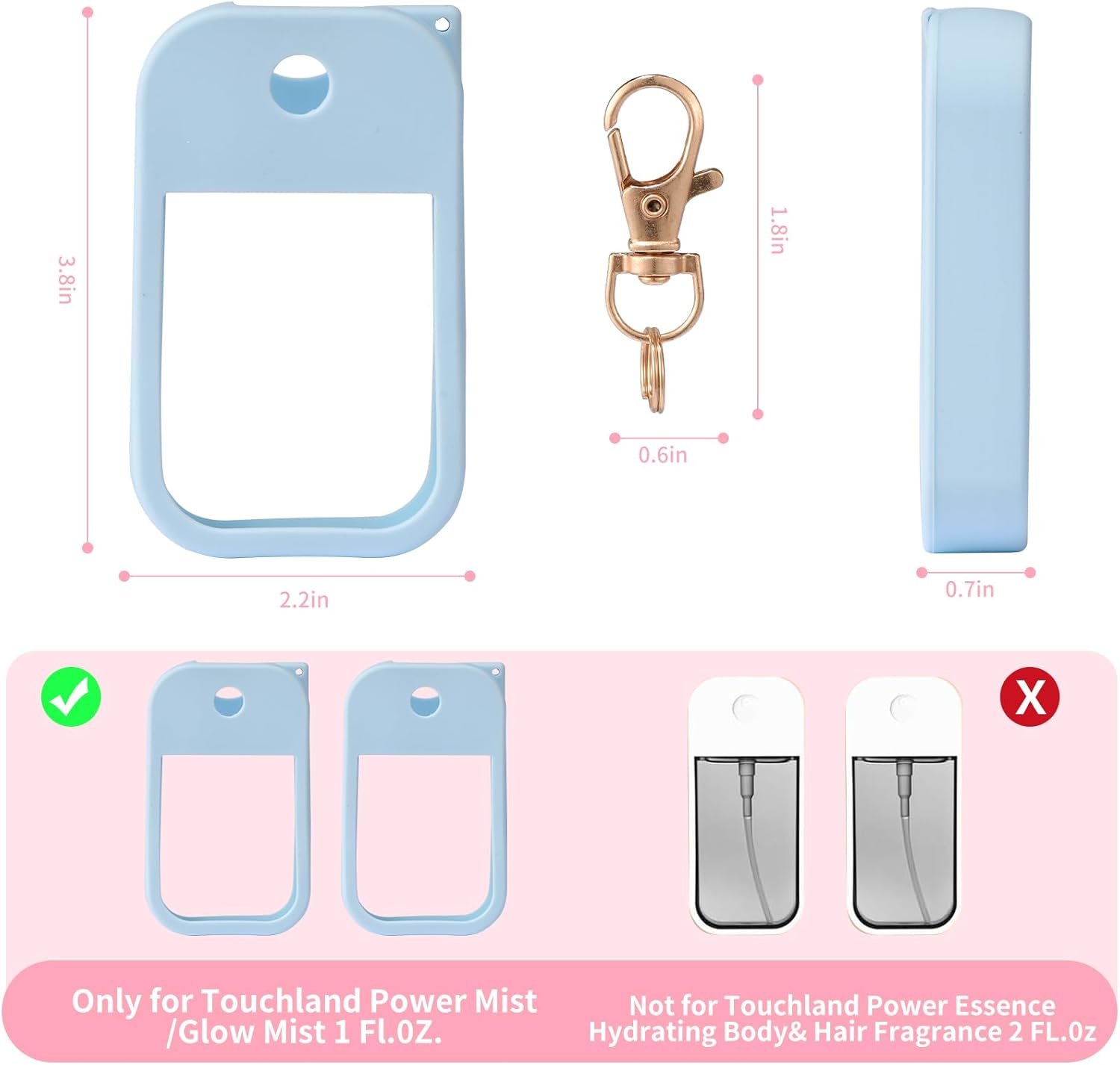 3pcs Silicone Case Compatible With Touchland Hand Sanitizer Spray, Protective Case With Keychain For Spray 1 Fl Oz, Travel Size, Compatible With Power Mist & Glow Mist, (Pink, Blue, White) - Image 3