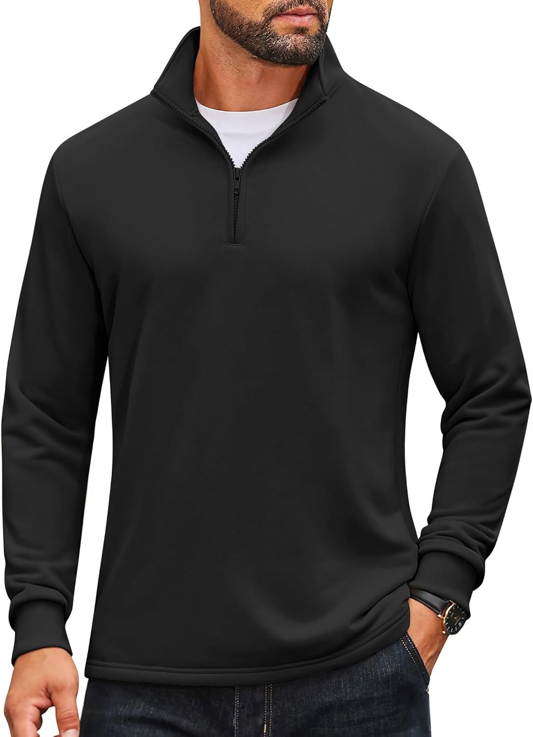 COOFANDY Men's Quarter Zip Pullover Sweatshirt Mock Neck Quilted Sweatshirt Lightweight Casual Long Sleeve Polo Shirt