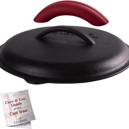 Cuisinel Cast Iron Lid - Fits 12"-Inch / 30.48-cm Lodge Skillet Frying Pans or Braiser + Silicone Handle Holder + Care Guide - Pre-Seasoned Replacement Cover - Indoor/Outdoor, Oven, Fire, BBQ Safe