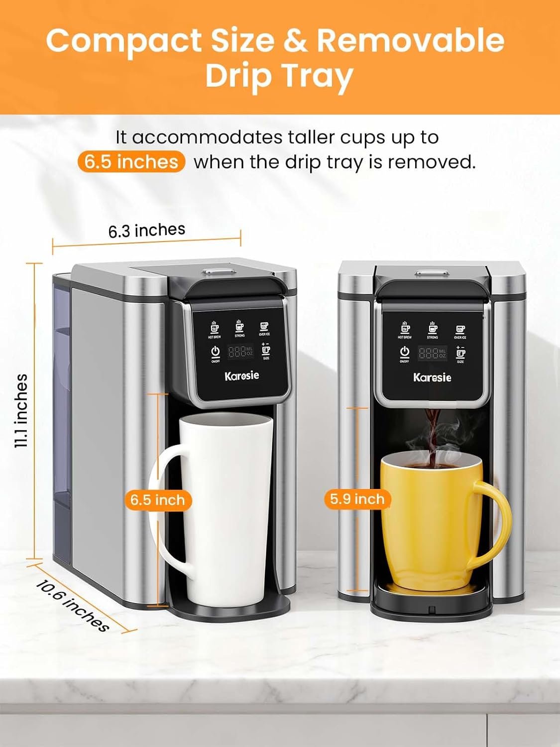 Karosie K Cup Coffee Maker with Strong Brew Setting, 50oz Removable Tank, 6-14 oz Brew Sizes Hot & Iced Coffee Machine for K-Cup and Grounds, Descaling Reminder, Stainless Steel,Black - Image 2