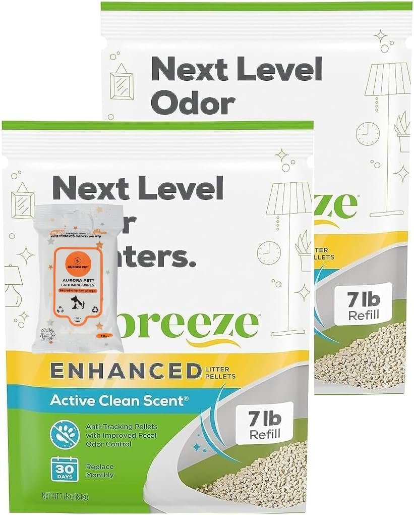 Aurora Pet Bundle (2) Cat Breeze Enhanced Active Clean Scent Cat Litter Pellets, Refill 7 lb with Aurora Pet Wipes