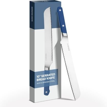 Misen Serrated Bread Knife - High-Carbon Japanese AUS8 Steel - Perfect for Soft Foods, Bread, Pastries, and Fruits - Verstatile Slicer, Razor-Sharp Edge, Durable Blade, Ergonomic Handle - 10", Blue