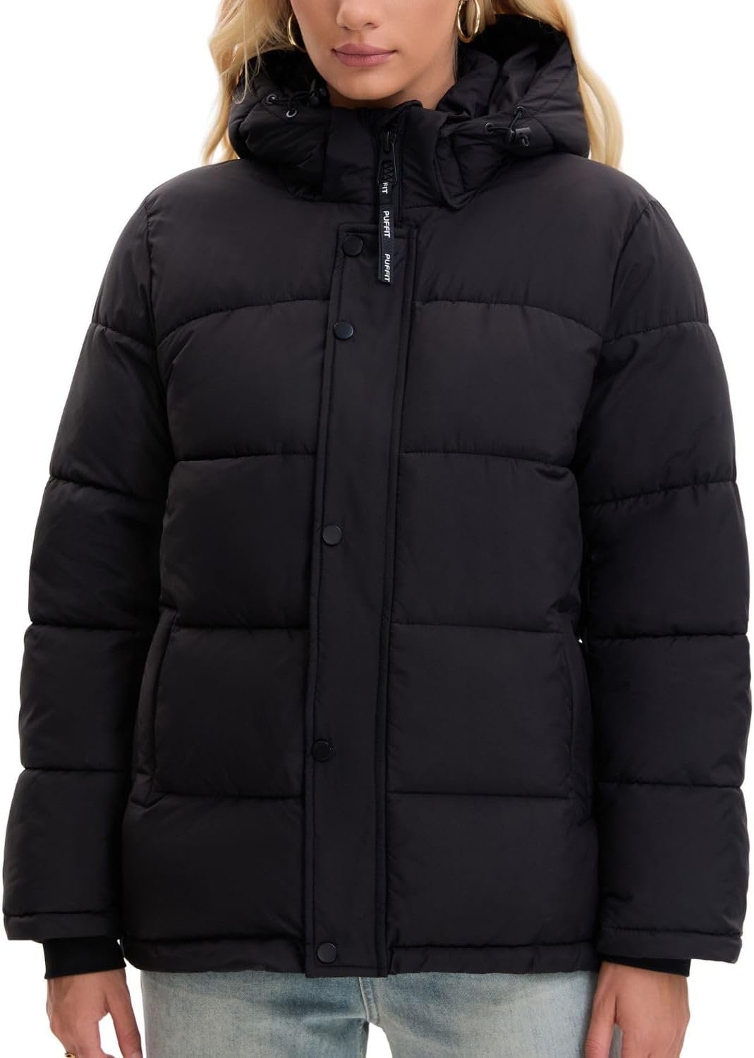 PUFFIT Women Mid Lenth Puffer Jacket, Warm Thicken Hooded Winter Coats, Windproof Long Sleeve & Hood,3 Pockets