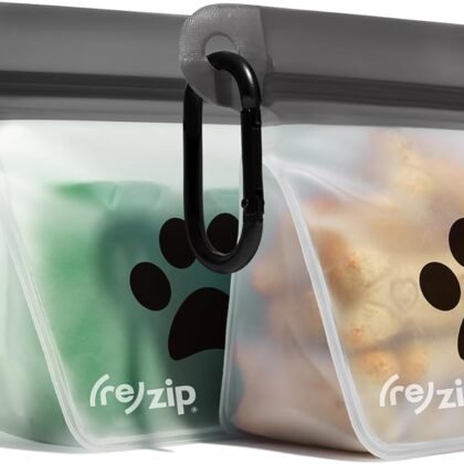 (re) zip Pet On-The-Go Bags 2-pack | Lightweight, Compact, Carabiner Clip | Airtight Closure | Water-Resistant | Food-Safe PEVA | Holds Treats, Poop Bags, Toys | Travel-Friendly