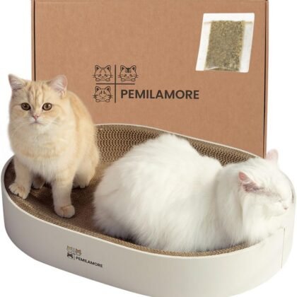 Cat Scratcher Cardboard Bed for Indoor Cats – Large (24.4x17.7x3.9in), Lounger, Round, Reversible, Durable, Protects Furniture, Cat Bowl & Scratching Pad, Safe with Cornstarch Glue