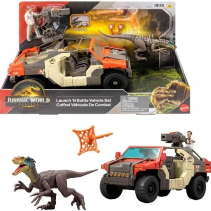 Mattel Jurassic World Rebirth Vehicle with 1 Human & 1 Dinosaur Figure, Launch ‘N Battle Truck, Martin Krebs Figure & Raptor, Turret & 2 Projectiles