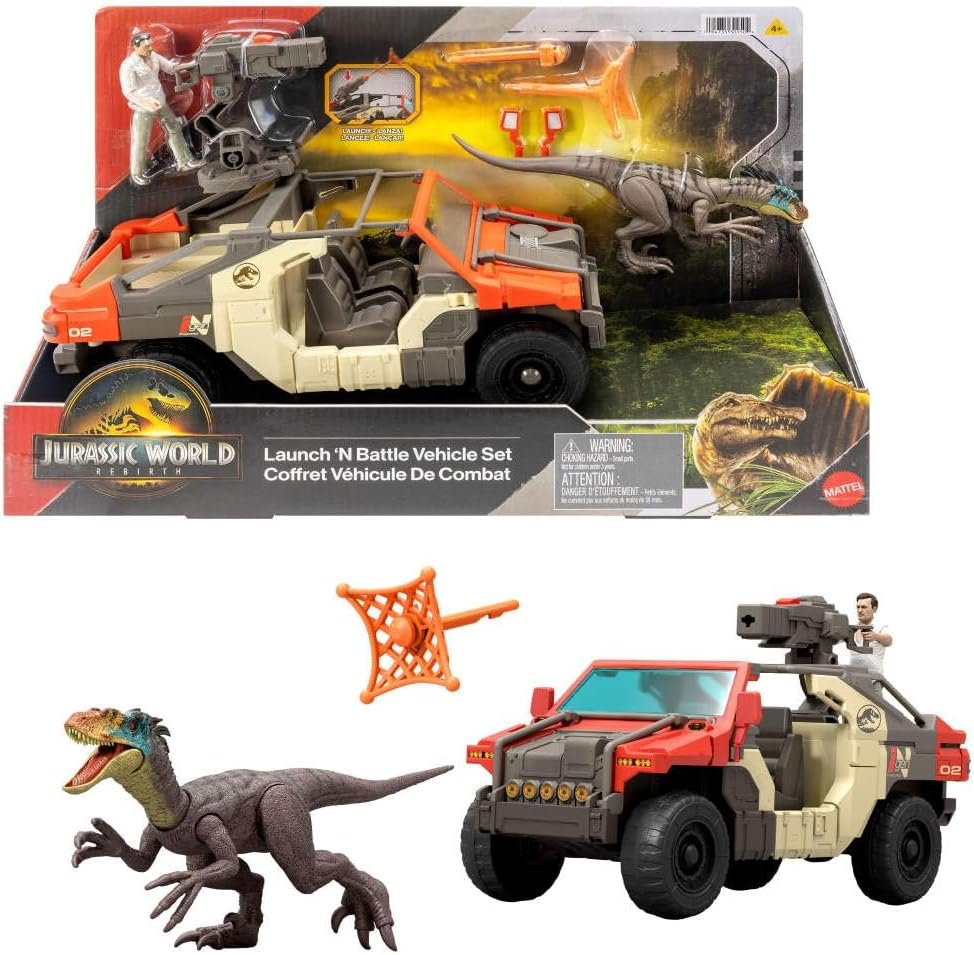 Mattel Jurassic World Rebirth Vehicle with 1 Human & 1 Dinosaur Figure, Launch ‘N Battle Truck, Martin Krebs Figure & Raptor, Turret & 2 Projectiles