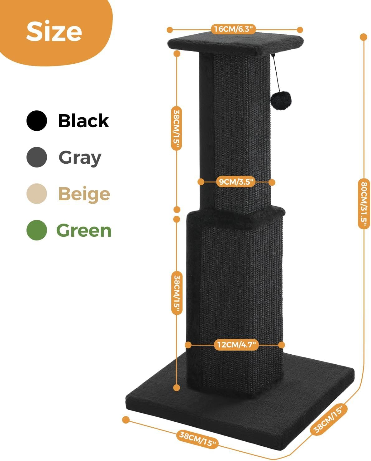 PAWZ Road Large Cat Scratching Post 32” Tall Black Scratching Post for Indoor Cats Adults Ultimate Scratch Post with Woven Sisal, Large Base and Removable Dangling Ball- Black - Image 2