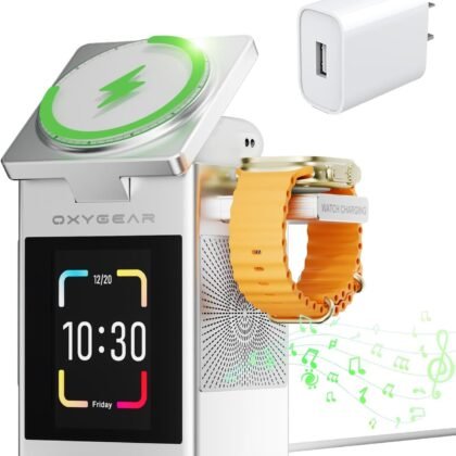 3-In-1 Wireless Charging Station LCD Touch Screen with Bluetooth 5.3 Speaker, Digital Alarm Clock, Qi MagSafe Charger for iPhone iWatch AirPods, 20W Adapter, Suitable for Home, Office & Travel, Sliver