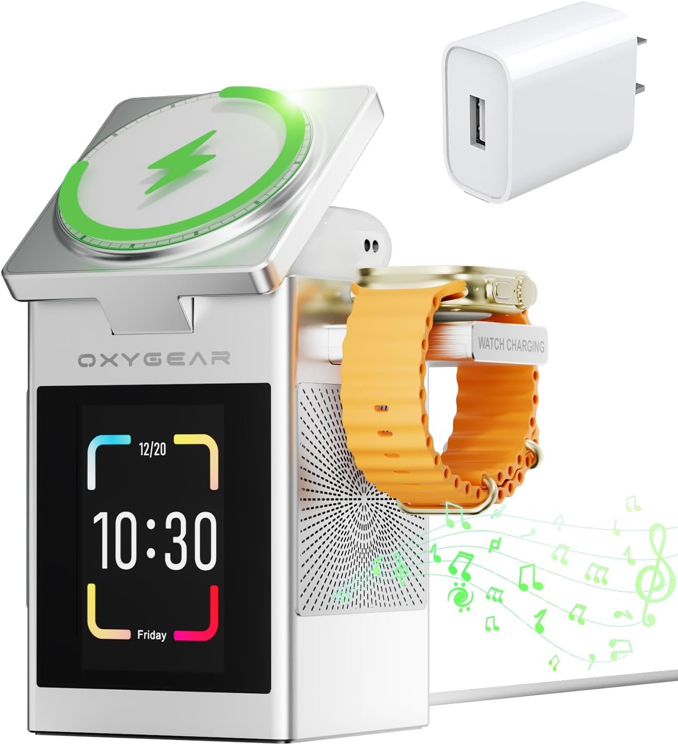 3-In-1 Wireless Charging Station LCD Touch Screen with Bluetooth 5.3 Speaker, Digital Alarm Clock, Qi MagSafe Charger for iPhone iWatch AirPods, 20W Adapter, Suitable for Home, Office & Travel, Sliver
