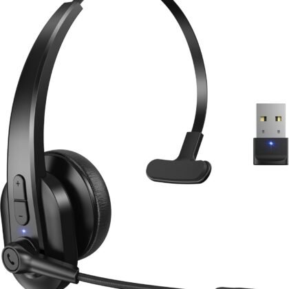 Bluetooth Headset with USB Dongle for Computer, Single-Ear Wireless Headset with Noise Cancelling Microphone for Office & Truckers, Bluetooth V5.2 with Mute Button for Work
