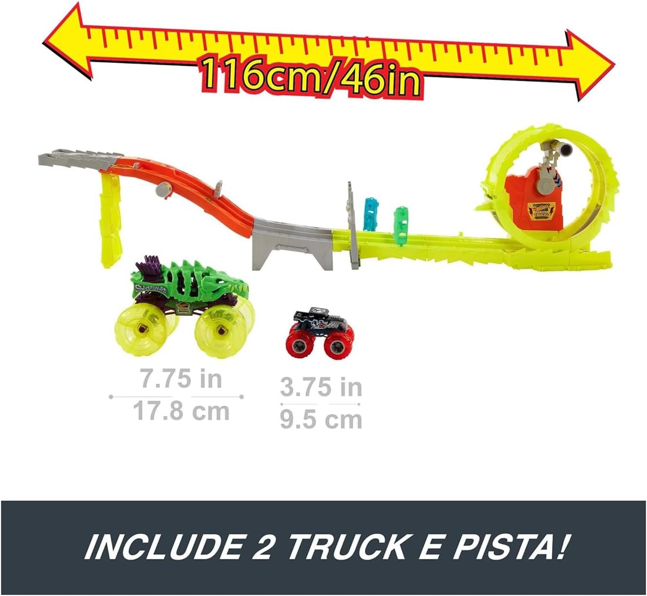 Hot Wheels Monster Trucks Track Set with 2 Toy Trucks: Oversized Skelesaurus & 1:64 Scale Bone Shaker, Charge & Chase Challenge with 2 Crushed Cars - Image 3