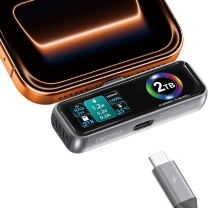 TWOPAN Magnetic Portable iPhone SSD for ProRes 4K 60fps Video Recording, 2TB External Super Storage for iPhone 17/16/15 Pro/Pro Max, iMac/MacBook, LCD Display, USB-C PD 3.0 Port, Built-in Cooling Fan