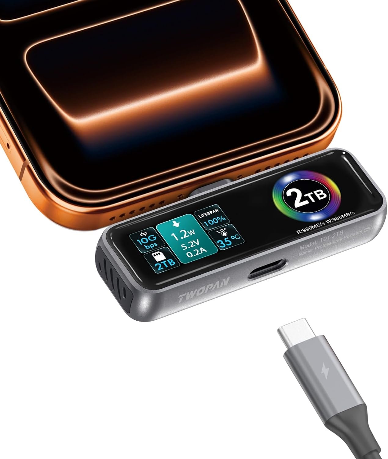 TWOPAN Magnetic Portable iPhone SSD for ProRes 4K 60fps Video Recording, 2TB External Super Storage for iPhone 17/16/15 Pro/Pro Max, iMac/MacBook, LCD Display, USB-C PD 3.0 Port, Built-in Cooling Fan