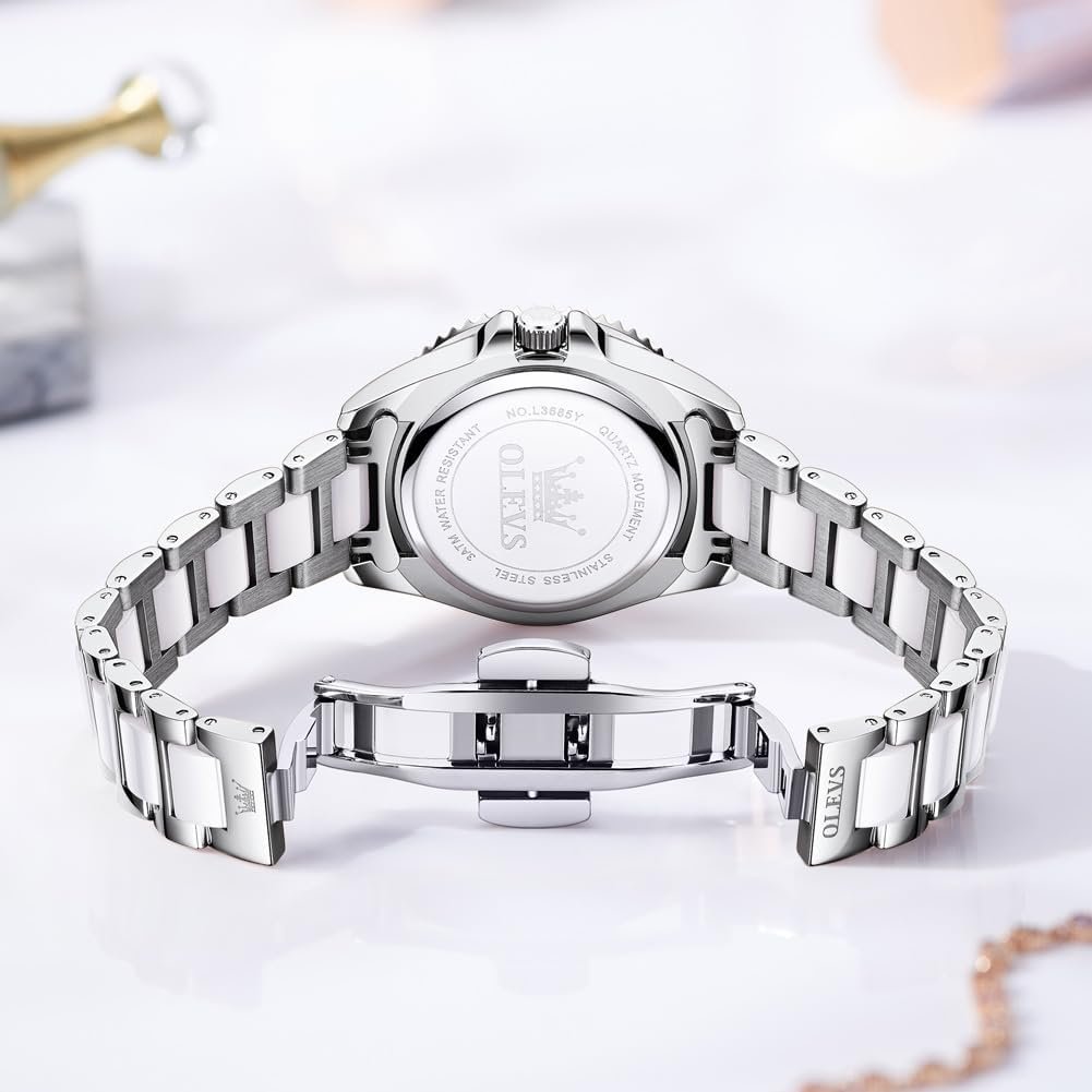 OLEVS Watches for Women Diamond with Date Luxury Leather Female Waterproof Women Wrist Watch Analog Dress Stainless Steel Ladies Watch Luminous Calendar Women Watch Green/Silver/Red Dial - Image 9