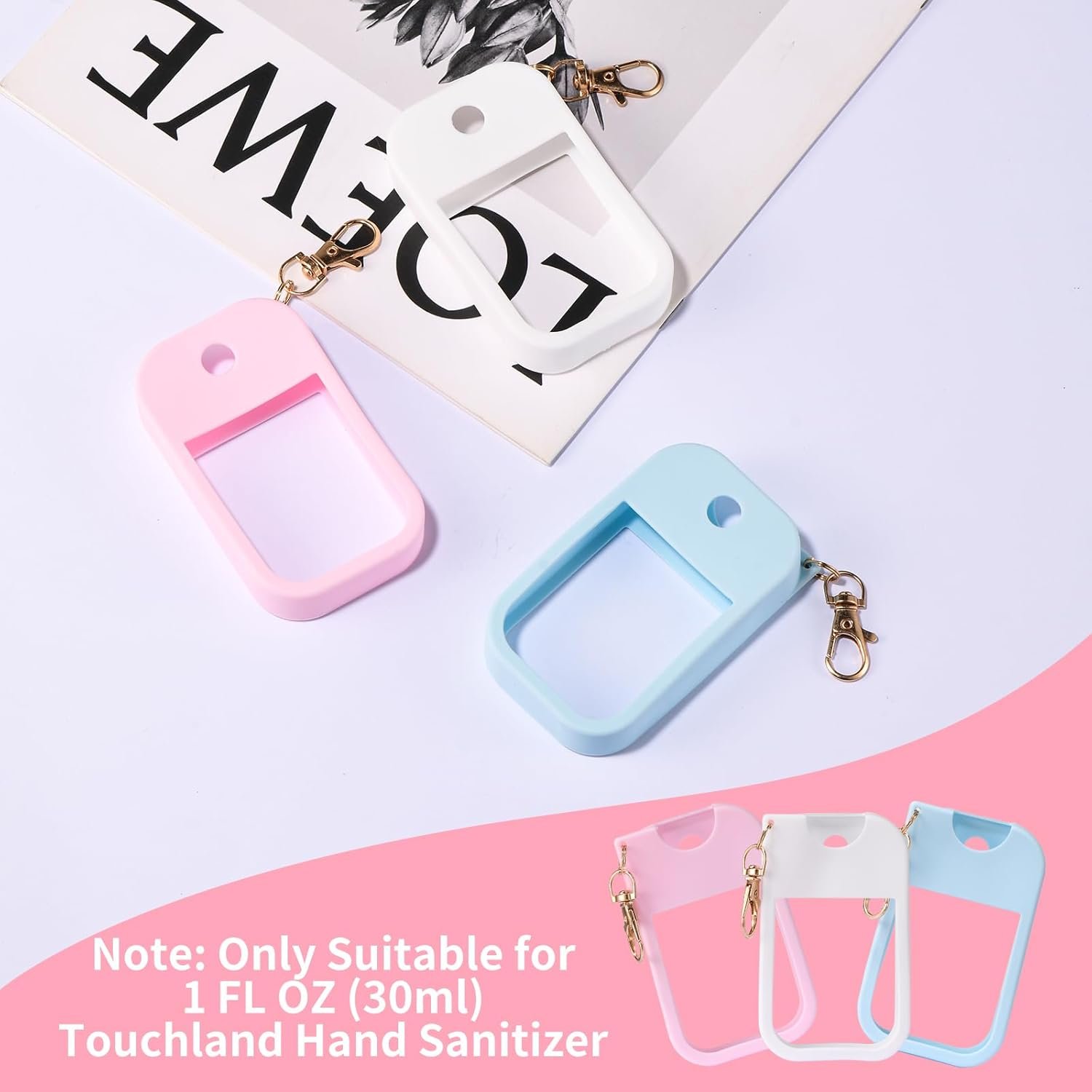 3pcs Silicone Case Compatible With Touchland Hand Sanitizer Spray, Protective Case With Keychain For Spray 1 Fl Oz, Travel Size, Compatible With Power Mist & Glow Mist, (Pink, Blue, White) - Image 4