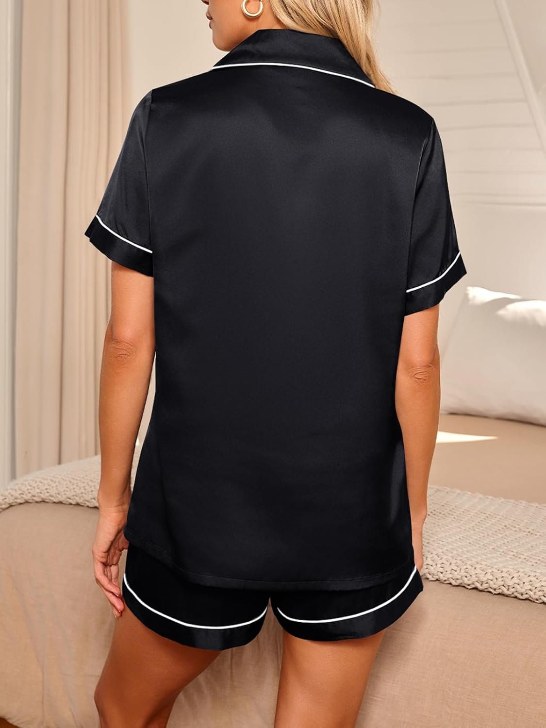 LILLUSORY Silk Satin Pajama Set for Women 2 Piece Lounge Pjs Winter Matching Summer Sleepwear Button Down Shirt Shorts - Image 4