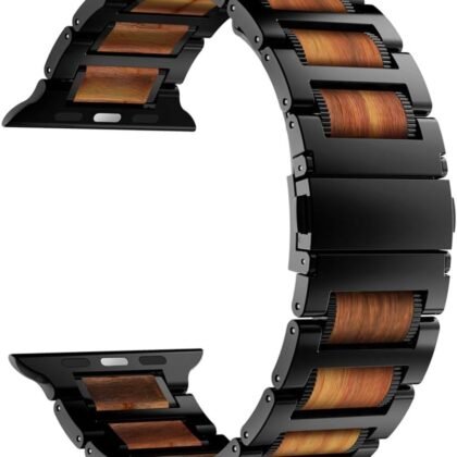 iiteeology Compatible with Apple Watch Band, Natural Wooden Steel Link Bracelet for iWatch Ultra 3/ Ultra 2/ Series 1-11 49mm 46mm 45mm 44mm 42mm - Black