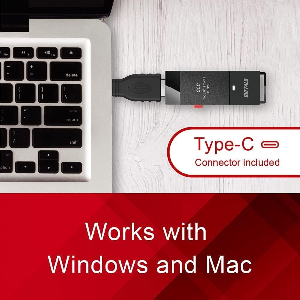 BUFFALO External SSD 1TB - Up to 600MB/s - USB-C - USB-A - USB 3.2 Gen 2 (Compatible with PS4 / PS5 / Windows/Mac) - External Solid State Drive Stick - SSD-PUT1.0U3B - Image 3