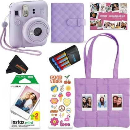 FUJIFILM INSTAX Mini 12 Holiday Bundle 2025 | with Extra Instax Mini Film + 4 Pk AA Batteries & Sunshine Photo Microfiber Cleaning Cloth (10 Items) (20 Sheets, Lilac Purple)