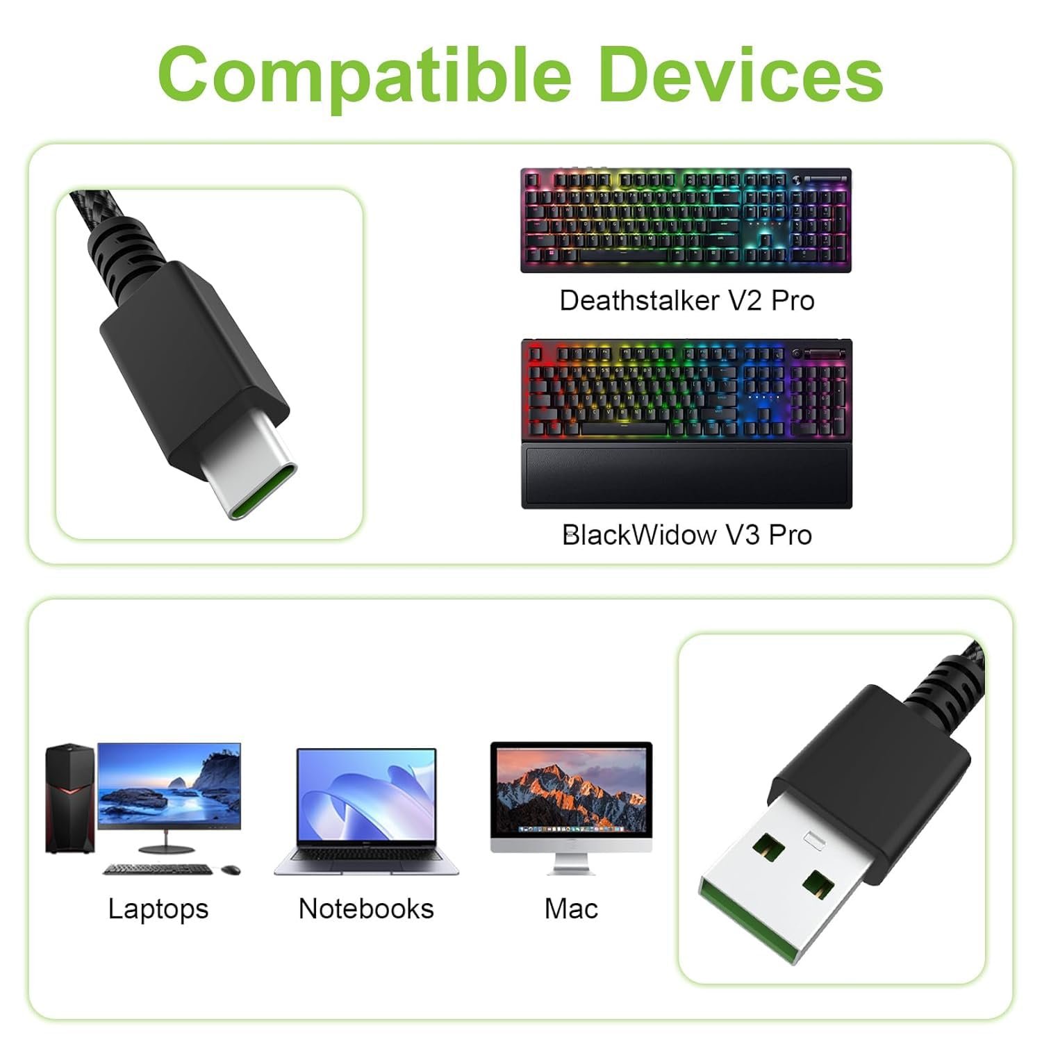 Toeasor USB Type C Keyboard Charger Charging Cable Power Cord Compatible with Razer BlackWidow V4 Pro/V3 Pro/V3 Mini, Huntsman V3 Pro, Deathstalker V2 Pro Mechanical Gaming Keyboard, Braided, 6ft - Image 3