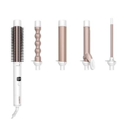 Conair Double Ceramic Multi-Attachment Hair Styler, 5-in-1 Hair Curling Wand Set to Create Curls, Waves, and Blowouts, Ceramic Technology Eliminates Damaging Hot Spots, White/Rose Gold