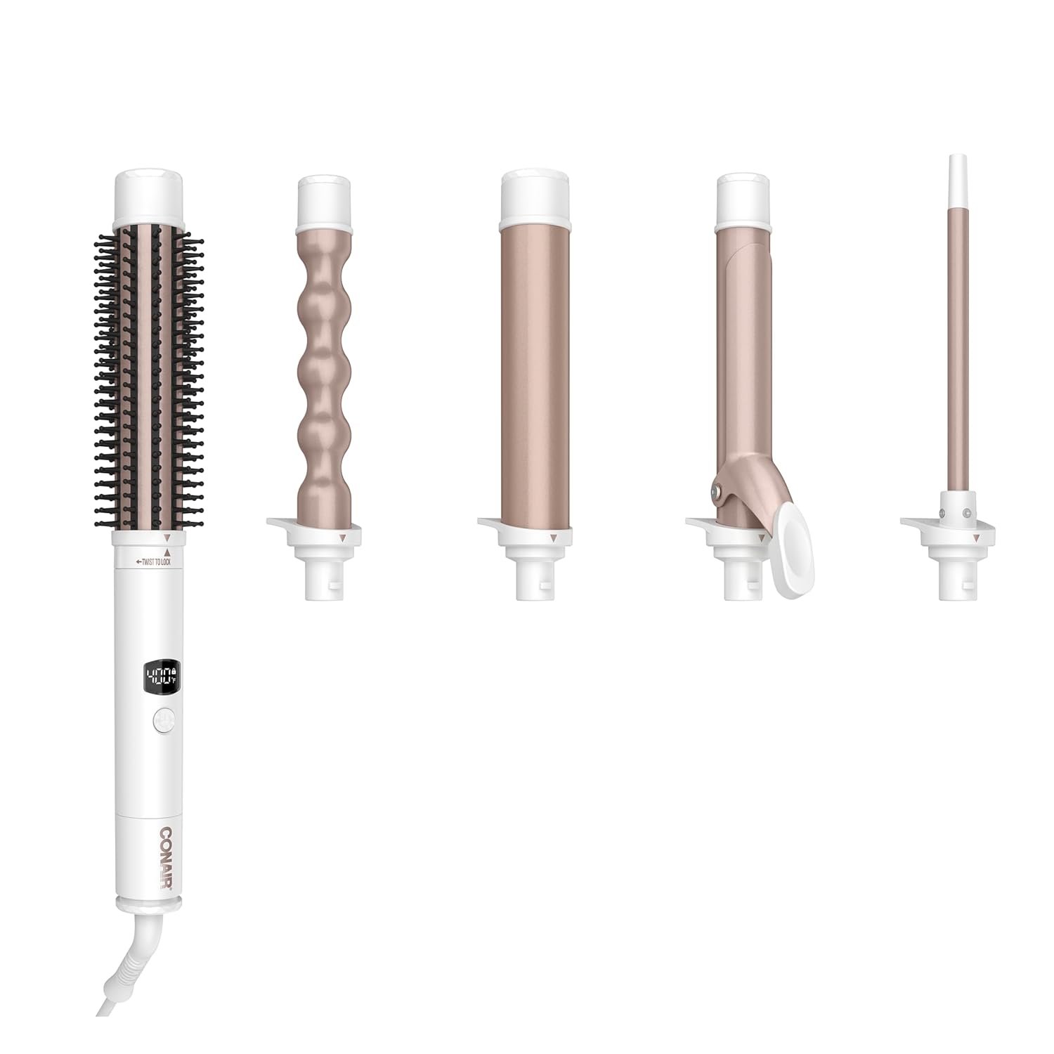 Conair Double Ceramic Multi-Attachment Hair Styler, 5-in-1 Hair Curling Wand Set to Create Curls, Waves, and Blowouts, Ceramic Technology Eliminates Damaging Hot Spots, White/Rose Gold