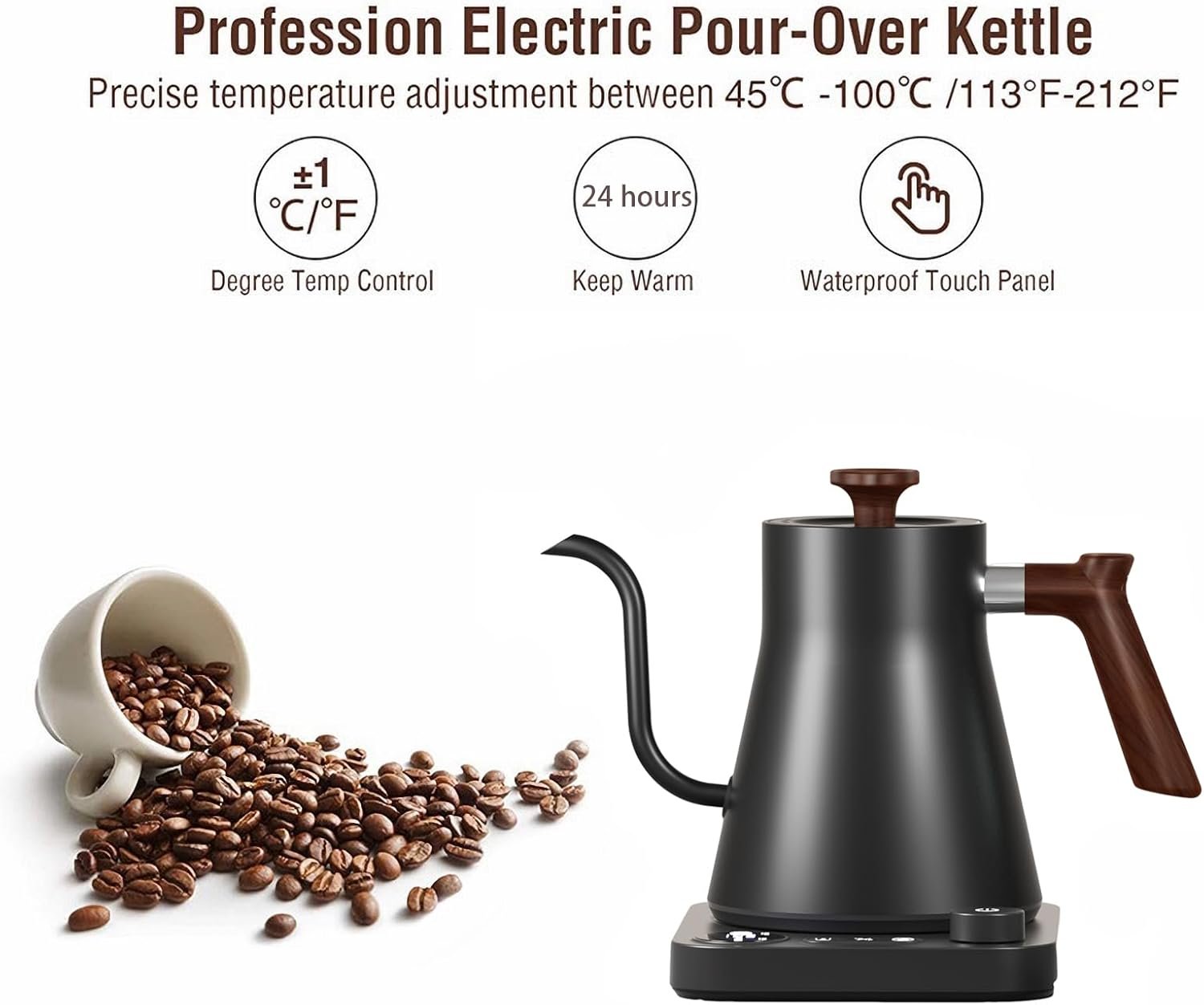 Electric Kettles, Gooseneck Electric Kettle, ±1℉ Temperature Control, Stainless Steel Inner, Quick Heating, for Pour Over Coffee, Brew Tea, Boil Hot Water, 0.9L (Black) - Image 2