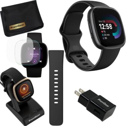 Fitbit Versa 4 Health and Fitness Smart Watch (Black/Graphite) with Built-in GPS, 6 Day Battery Life, S & L Bands, Bundle with 3.3foot Charge Cable, Wall Adapter, Screen Protectors & PremGear Cloth