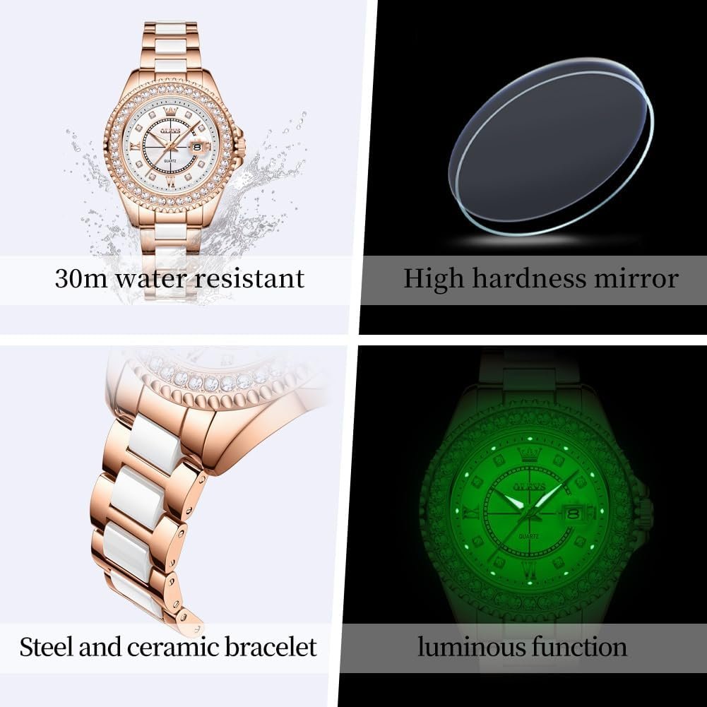 OLEVS Watches for Women Diamond with Date Luxury Leather Female Waterproof Women Wrist Watch Analog Dress Stainless Steel Ladies Watch Luminous Calendar Women Watch Green/Silver/Red Dial - Image 6