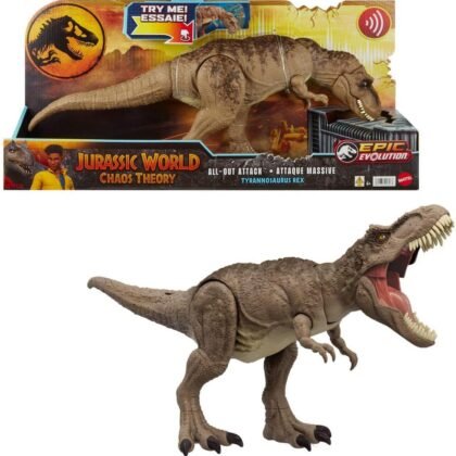 Mattel Jurassic World Chaos Theory All-Out Attack Tyrannosaurus Rex Dinosaur Action Figure Toy, T. rex with Rampage Attack, Chomp & Roar & Evolved Spikes, Digital Play