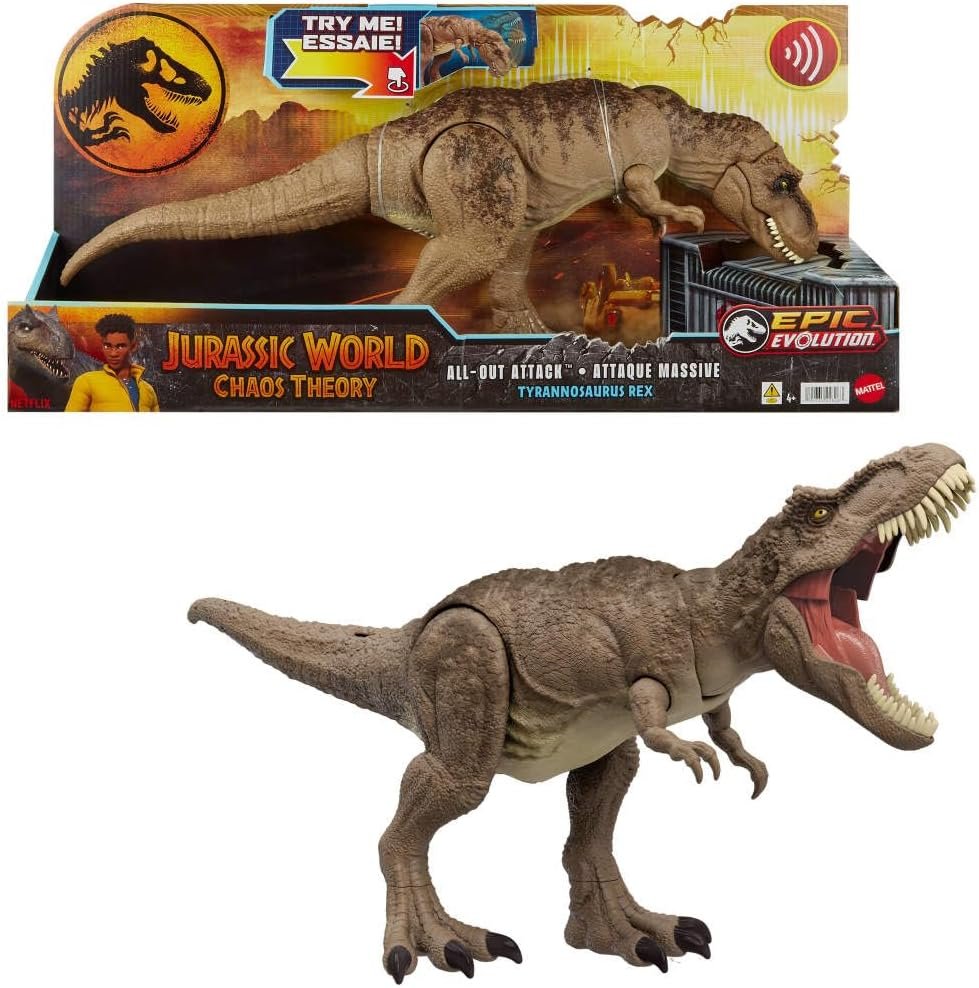 Mattel Jurassic World Chaos Theory All-Out Attack Tyrannosaurus Rex Dinosaur Action Figure Toy, T. rex with Rampage Attack, Chomp & Roar & Evolved Spikes, Digital Play