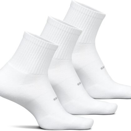 Feetures High Performance Max Cushion Quarter Tall Sock for Women & Men - Moisture-Wicking Athletic Socks - White - Large (3 Pair)