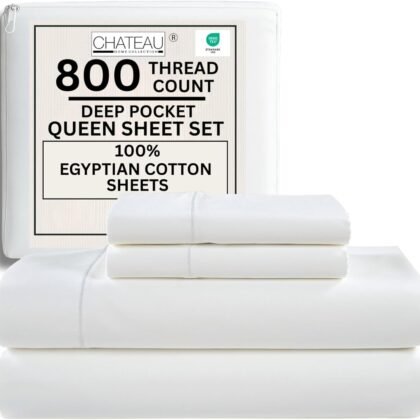 100% Egyptian Cotton Sheets Queen Size Bed Set, Deep Pocket Queen Sheet set, 800 Thread Count Cotton Bed Sheets, Naturally Cool Soft Breathable No Pill Elasticated Luxury White Bedding For All Seasons
