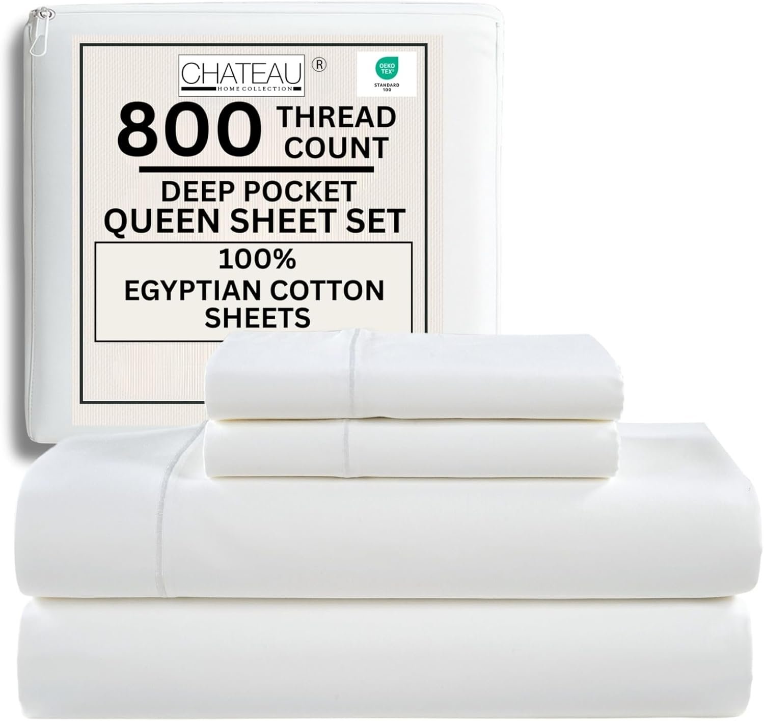 100% Egyptian Cotton Sheets Queen Size Bed Set, Deep Pocket Queen Sheet set, 800 Thread Count Cotton Bed Sheets, Naturally Cool Soft Breathable No Pill Elasticated Luxury White Bedding For All Seasons