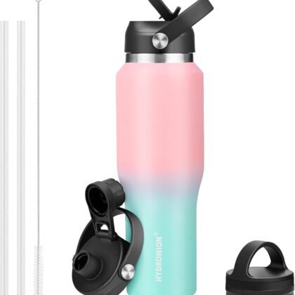 HYDROWION 32oz Water Bottle, Double Wall Vacuum Stainless Steel Insulated Water Flask with Straw Lid, Spout Lid and Flex Cap(Cold for 48 Hrs, Hot for 24 Hrs), Leakproof Travel Thermo Mug, Pink&Blue