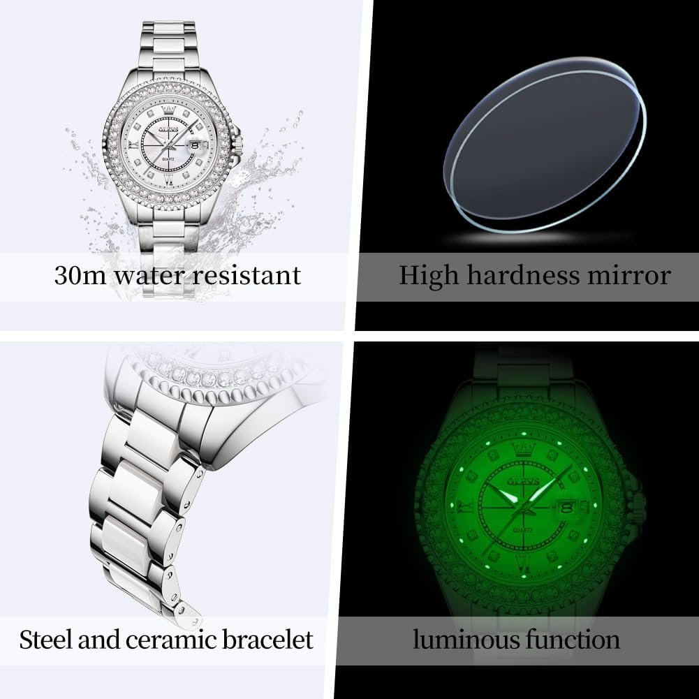 OLEVS Watches for Women Diamond with Date Luxury Leather Female Waterproof Women Wrist Watch Analog Dress Stainless Steel Ladies Watch Luminous Calendar Women Watch Green/Silver/Red Dial - Image 5