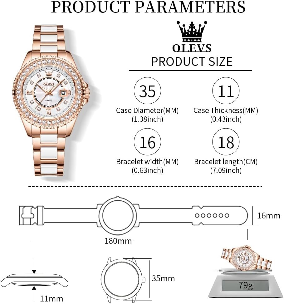 OLEVS Watches for Women Diamond with Date Luxury Leather Female Waterproof Women Wrist Watch Analog Dress Stainless Steel Ladies Watch Luminous Calendar Women Watch Green/Silver/Red Dial - Image 7