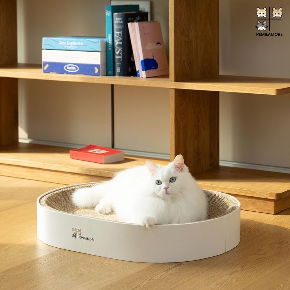 Cat Scratcher Cardboard Bed for Indoor Cats – Large (24.4x17.7x3.9in), Lounger, Round, Reversible, Durable, Protects Furniture, Cat Bowl & Scratching Pad, Safe with Cornstarch Glue - Image 9