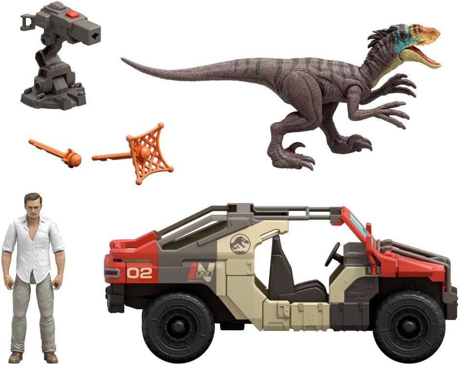 Mattel Jurassic World Rebirth Vehicle with 1 Human & 1 Dinosaur Figure, Launch ‘N Battle Truck, Martin Krebs Figure & Raptor, Turret & 2 Projectiles - Image 7